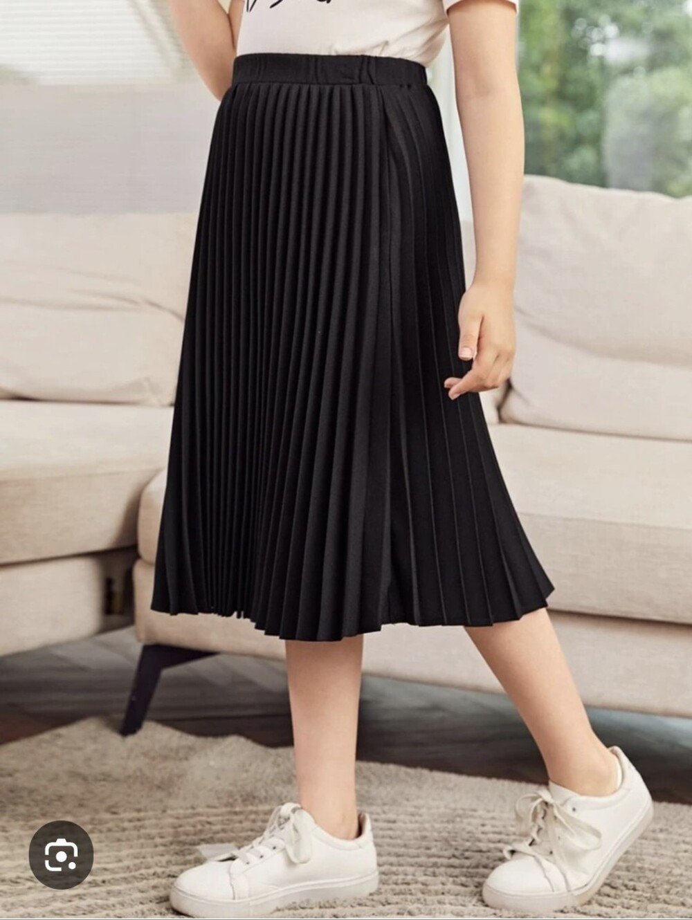Girls Soft Black Pleated Midi Skirt - Women's 8 Elastic waist